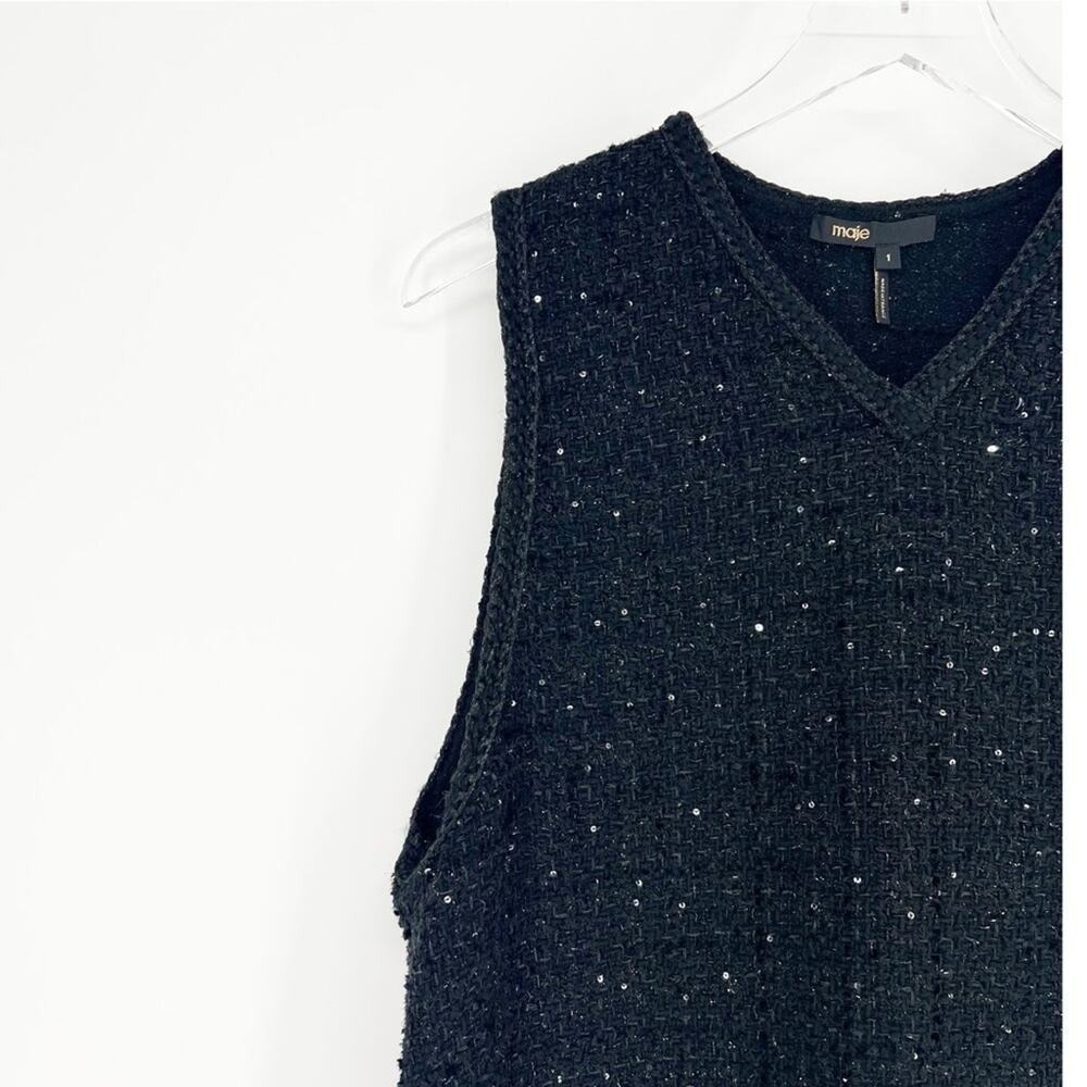 MAJE V-Neck Tweed Sequin Tank Top Women's Size 1 (S) Black Quiet Luxury - Picture 4 of 7